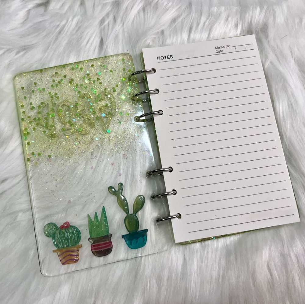 "Illuminate Resin Notebook: Cactus Designs & 'Good Vibes'" | Can be customized